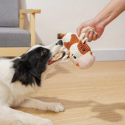 Squeaky Plush Cow Dog Toy with Crinkle Paper - Interactive Tug of War Chew Toy for Small Medium Large Dogs, Cute Cattle Design Washable Pet Toy for Fetch Play & Anxiety Relief