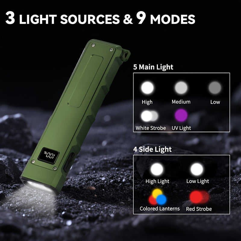 Magnetic LED Flashlight 9 Modes UV Side Light Digital Display 1500mAh Rechargeable Aluminum Torch for Home Emergency Camping