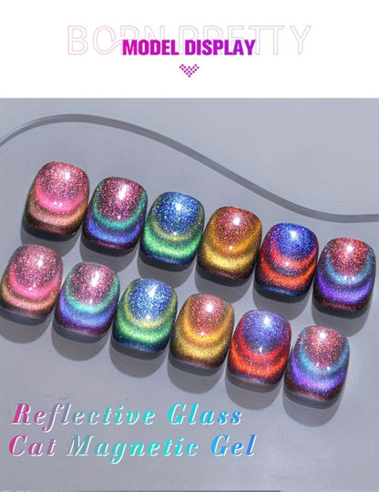 Cat Eye Gel Polish Set 6pcs BORN PRETTY Double Light Reflective Magnetic - Sparkling Rainbow Glass Cat Eye Effect Soak Off UV LED Gel 10ml Each Long Lasting Salon & Home DIY Manicure Kit for Women