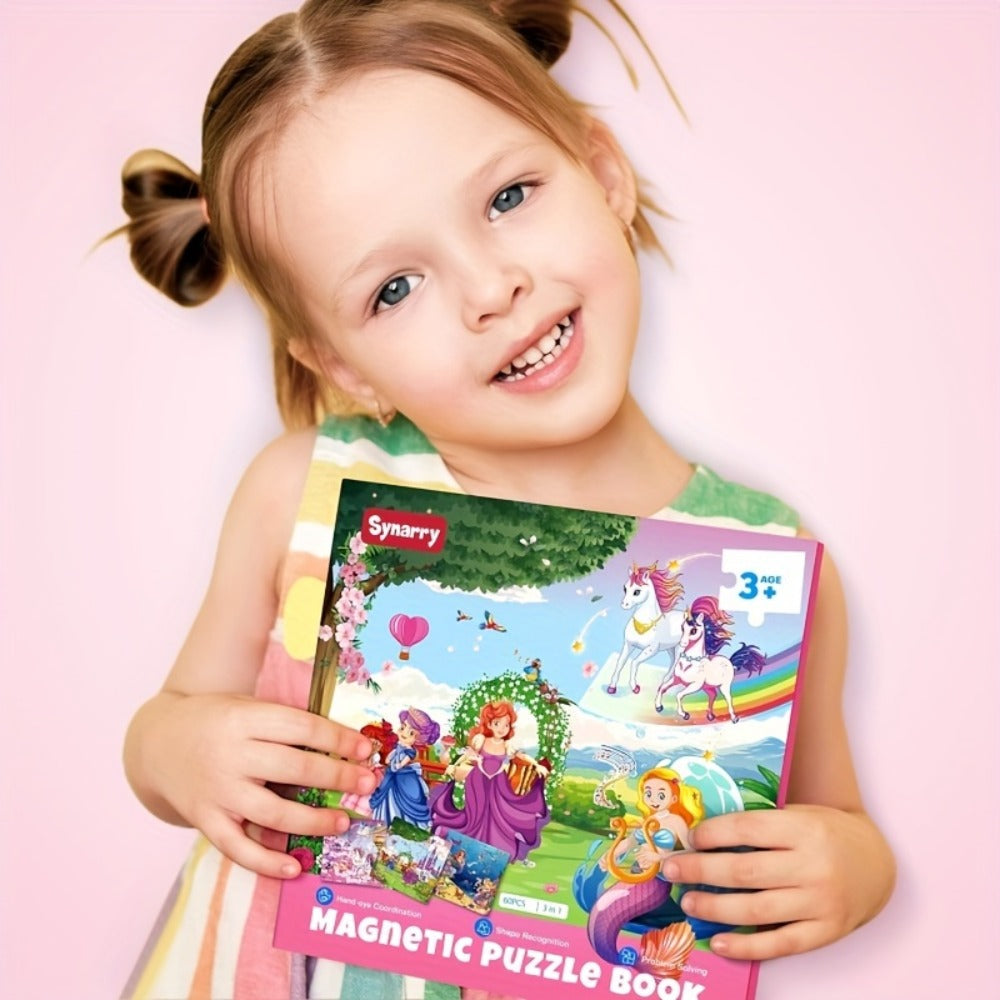 Magnetic Puzzle Book for Girls 3 4 5 6 – 3-in-1 Unicorn Mermaid Princess Travel Puzzles, 20 Pieces Folding Magnetic Jigsaw for Toddlers, Road Trip Car Airplane Activity, Birthday Gift for Little Girls