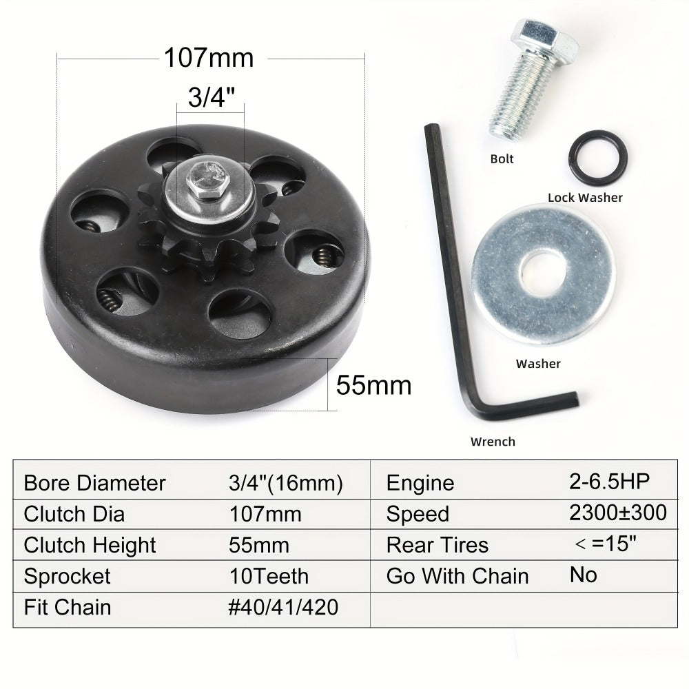 Centrifugal Clutch 3/4" Bore 10 Tooth for #40 41 420 Chain – Fits Predator 212cc, Honda GX160 GX200, Go Kart Minibike Baja MB165 MB200, Up to 6.5 HP Engines