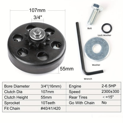 Centrifugal Clutch 3/4" Bore 10 Tooth for #40 41 420 Chain – Fits Predator 212cc, Honda GX160 GX200, Go Kart Minibike Baja MB165 MB200, Up to 6.5 HP Engines