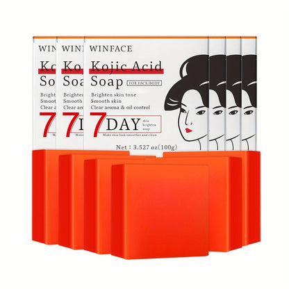 Kojic Acid Brightening Bar Soap 6-Pack – Rose Extract & Glycerin Formula for Dark Spots, Oil Control & Even Skin Tone | Moisturizing Gentle Cleanser for Face, Hand & Body | Natural Orange Scent, 100g Each