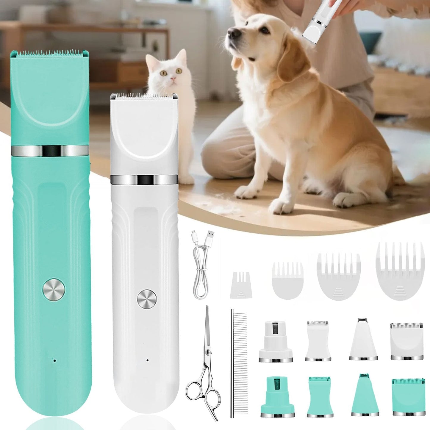 Pet Hair Clipper 4-in-1 Cordless Grooming Kit with Nail Trimmer Limit Combs USB Rechargeable for Dogs Cats Small Animals Thick Coat