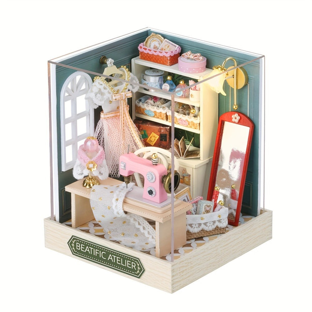 DIY Miniature Shop Dollhouse Kit with Dust Cover – Wooden Mini Store Assembly Set, 4 Themes Sakura Noodles Candy Atelier Coffee, Creative Home Decor Display Gift for Adults & Teens Birthday Christmas