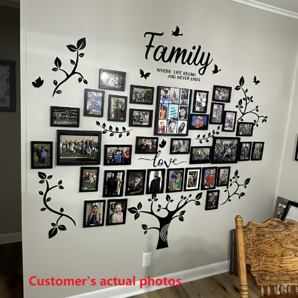 Family Tree Wall Sticker 3D Acrylic Photo Frame Collage – Removable Leaf-Shaped Picture Display with "Family" & "Love" Text, Peel & Stick Living Room Wall Decor, 81.5 x 57.48 Inches