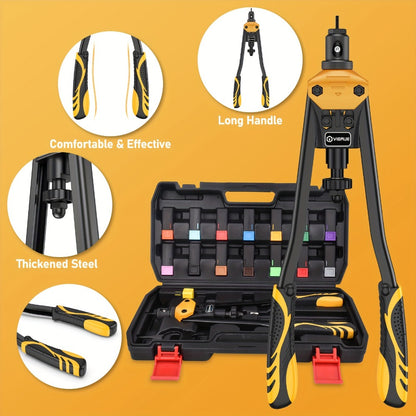 Rivet Nut Tool Kit 16-Inch – Hand Riveter Set with 15 Mandrels M3-M12 & 6-32 to 1/2-13, 300 Metric & SAE Rivet Nuts Included, Professional Nutsert Installation Tool for Metal Fabrication