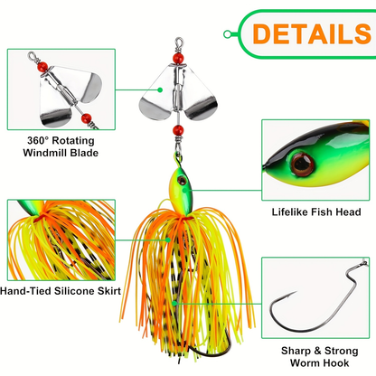 Spinnerbait Buzzbait Fishing Lures 6pcs 3/4oz Multicolor Bass Lure Set with 3D Eyes Rotating Blade Steel Wire Frame for Freshwater Saltwater Bass Trout Salmon Shallow Water Fishing