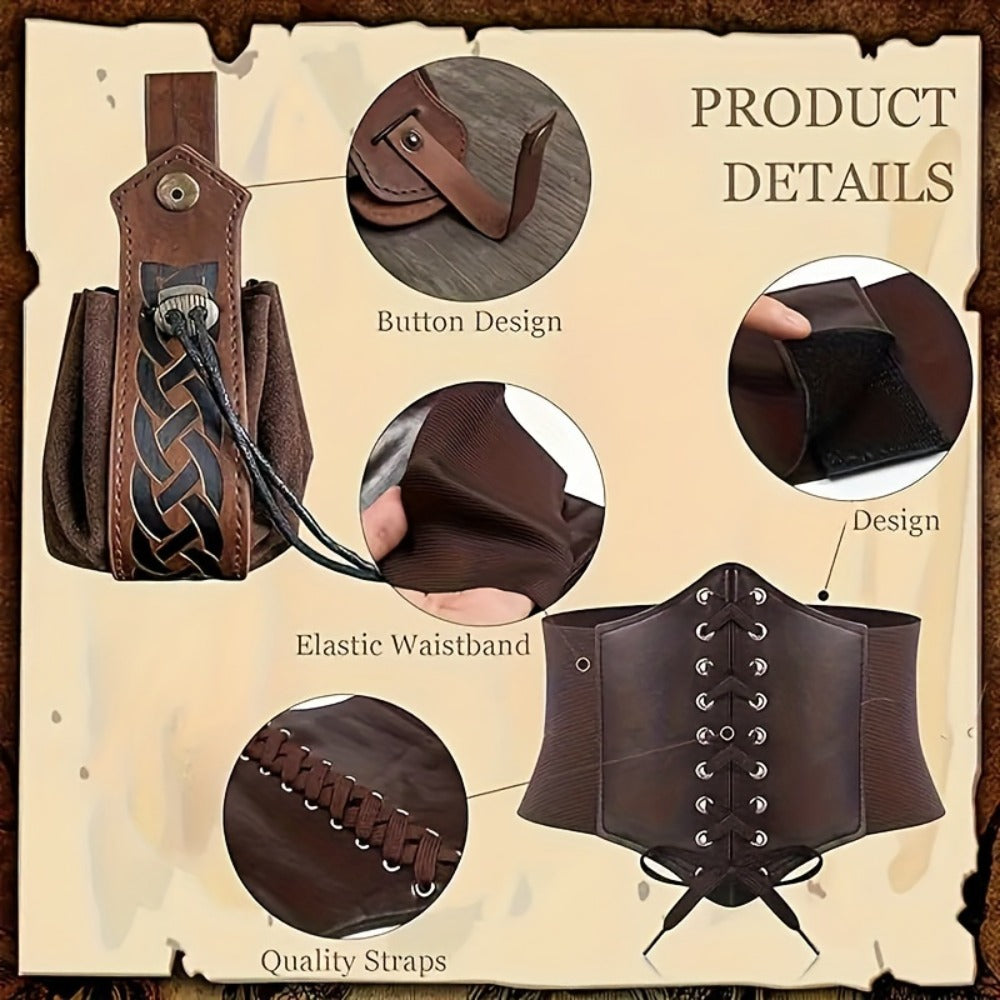 Renaissance Corset Set 5-Piece Ladies – Medieval Belt Pouch Potion Bottle Waist Protector, Women Halloween LARP Cosplay Renaissance Fair Outfit, Stage Prop & Photography Costume Gift