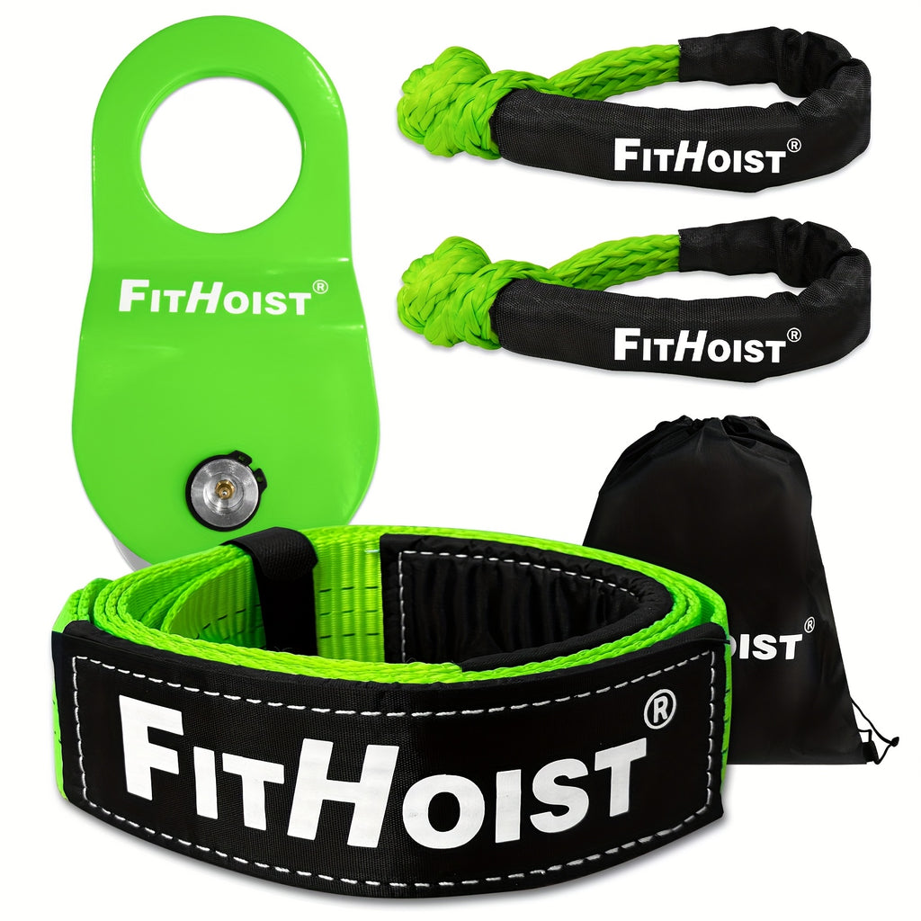 Off-Road Recovery Equipment, Including a Snatch Block Pulley, a 3" X 8' Tree Saver Strap, And Two Soft Shackles Measuring 1/2" X 22", Designed for Winching Vehicles Like Cars, Trucks, Suvs, And Atvs