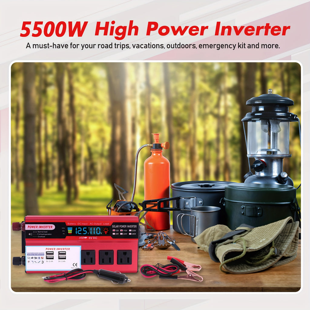 5500W Peak Power Inverter, Car Pure Sine Wave Inverter DC 12V to AC 110V, with LCD Digital Display and 4 USB Ports, 3 US Sockets, Fast Charging for Vehicles Trucks RVs and Outdoor