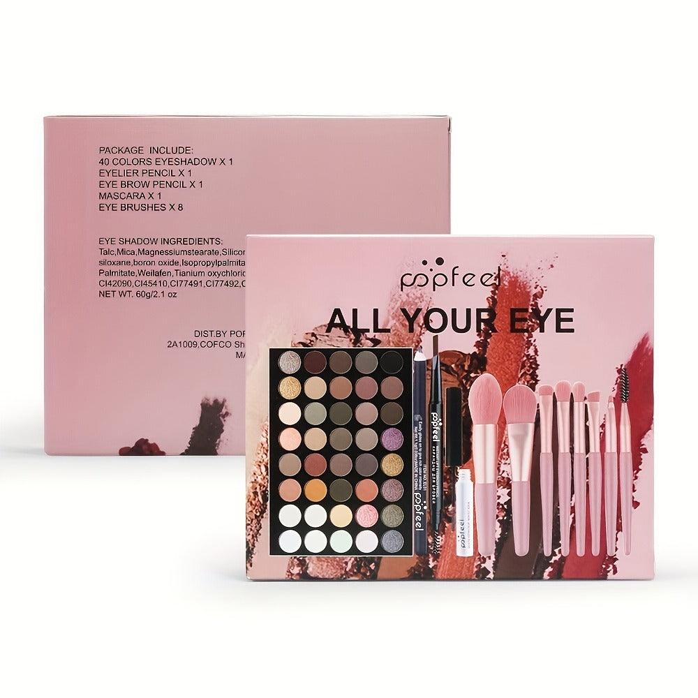 40 Shade Eye Makeup Gift Set with Eyeshadow Palette, Brush, Eyeliner & Eyebrow Pencil – Matte Shimmer Glitter Pigmented Blendable Kit for Beginners, Valentine's Day Birthday & Holiday Gift for Women