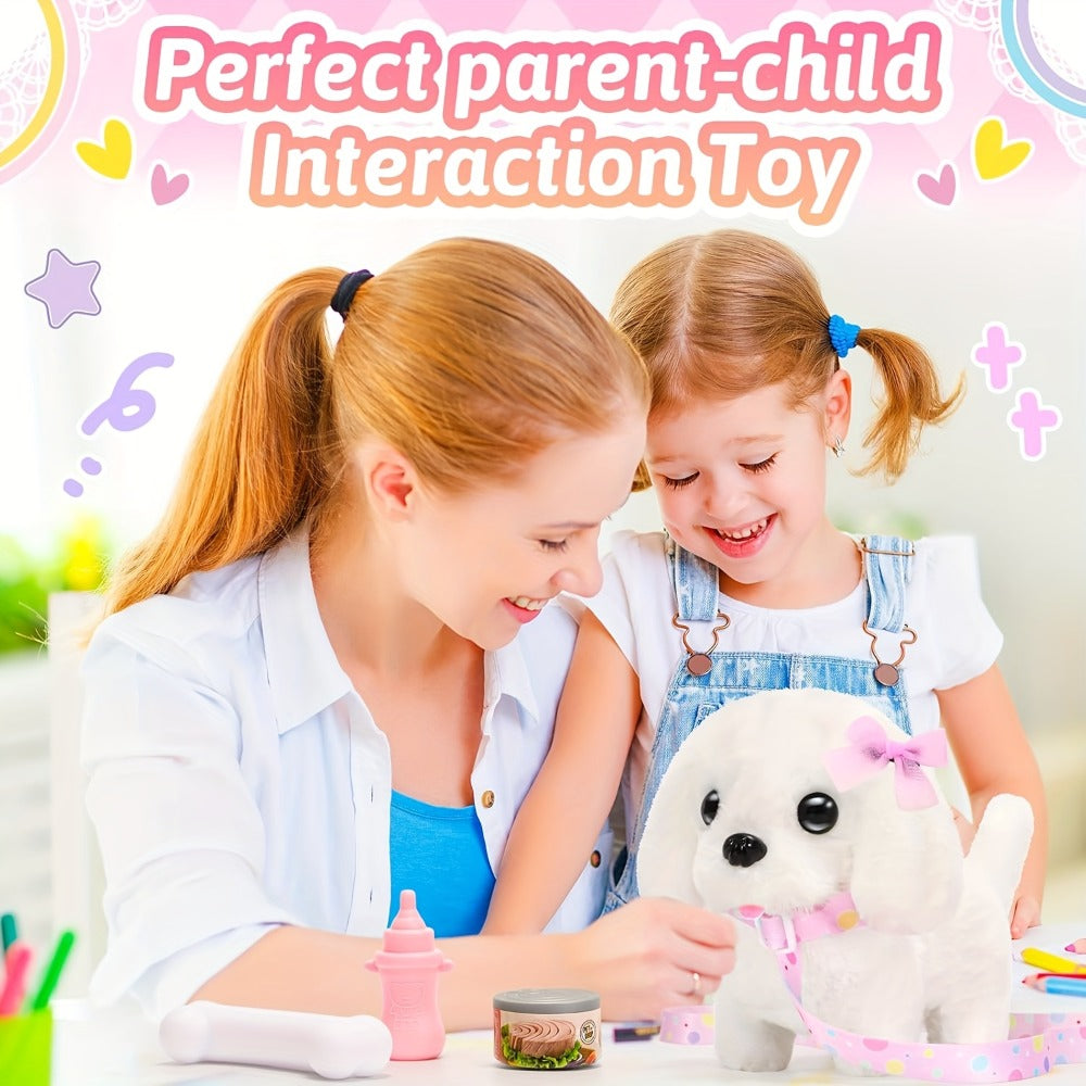 Walking Barking Dog Toy Electronic Interactive Puppy Plush with Tail Wagging Leash Bow Soft Stuffed Animal Birthday Christmas Easter Gift for Kids Girls Toddlers