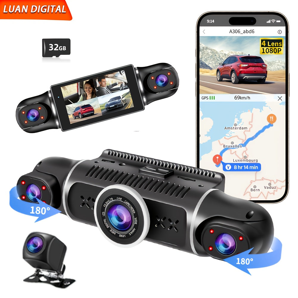 Wifi And 512GB Memory Card, Car Dash Cam, 4-Lens 1080P Full HD Video, Front, Back, Left And Right 360-Degree Driving Recorder, 170-Degree Ultra-Wide Angle, Support Loop Recording, Driving Record
