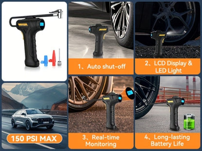 Portable Tire Inflator Air Compressor 150 PSI Cordless with Auto-Shutoff Digital Pressure Gauge LED Light Wireless USB Charging for Car Motorcycle Bike Ball