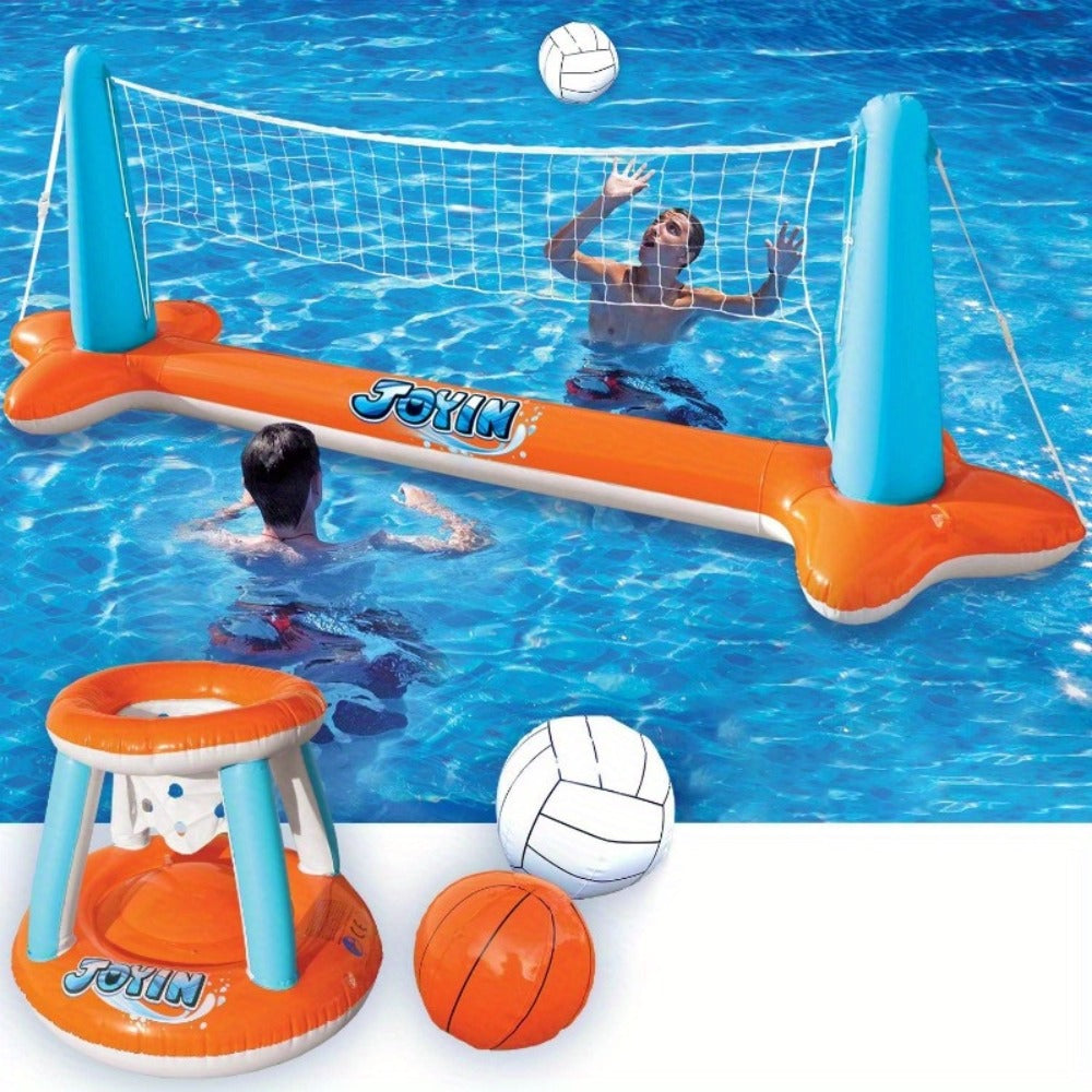Inflatable Pool Game Set for Kids & Adults – Volleyball Net Court & Basketball Hoops with Balls, Floating Swimming Party Toy for Summer Pool Backyard Outdoor Fun, Large