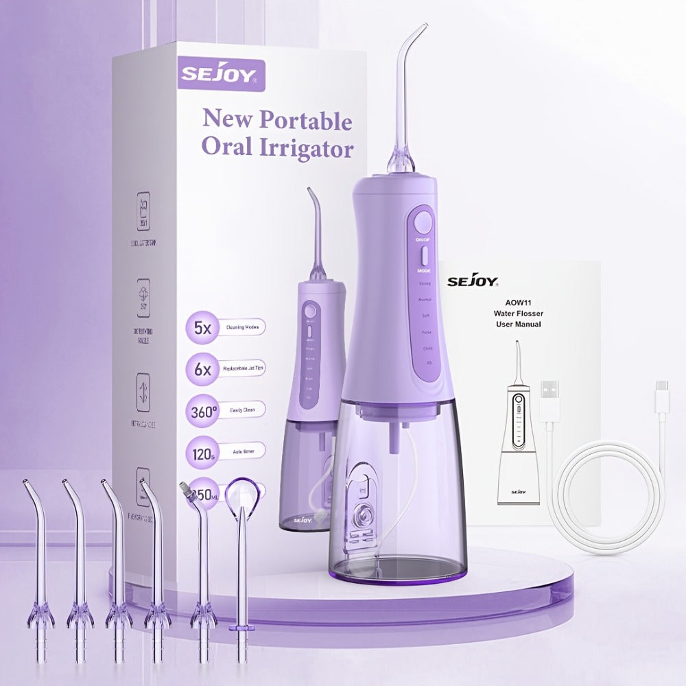 Cordless Water Flosser Oral Irrigator 5 Modes — 6 Interchangeable Tips, IPX7 Waterproof, 350ml Tank, Rechargeable, Ideal for Braces, Bridges & Implants, Home & Travel Teeth Cleaning