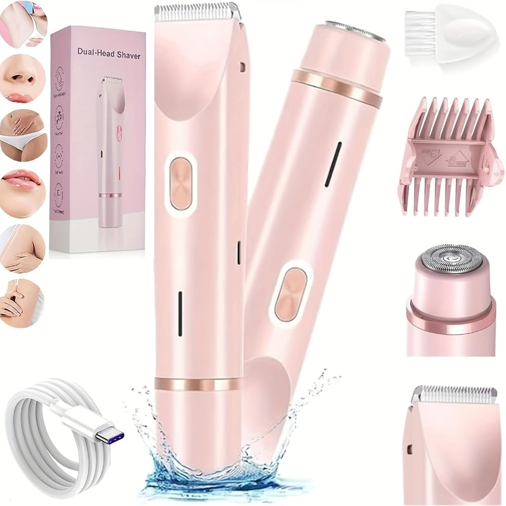 Electric Hair Removal Shaver Women 2-in-1 Dual Head USB Rechargeable - Stainless Steel Blades Cordless Epilator for Face Legs Bikini Line Underarms Intimate Areas - Pink Purple Blue