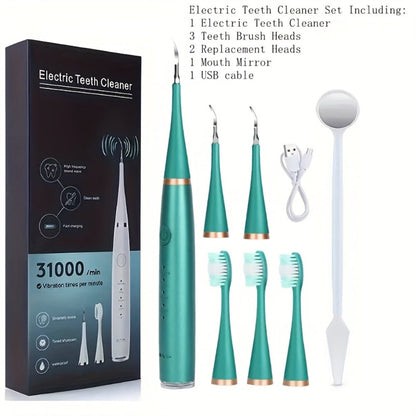 Electric Teeth Cleaner Kit USB Rechargeable – 5 Cleaning Modes Dental Scaler Plaque Tartar Remover Gum Health Tool for Adults Family Holiday Gift Set Black White Green