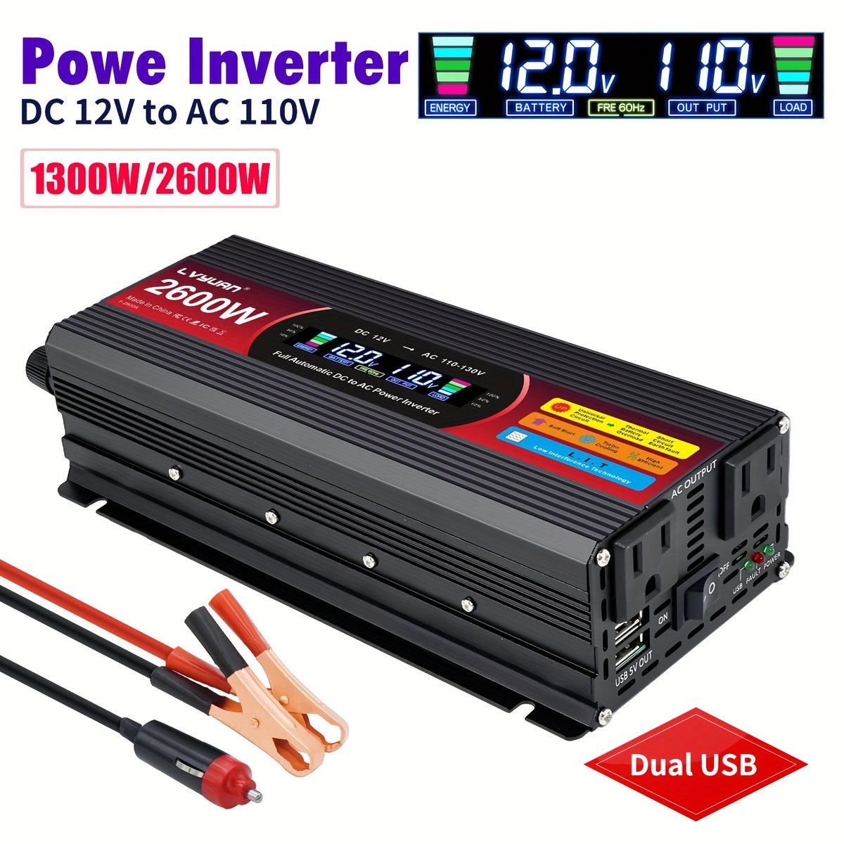 LVYUAN Pure Sine Wave Inverter 3000 Watt/6000W(Peak)Inverter 12V to 110V DC to AC with Remote Controller, LCD Display 4 AC Sockets And 4 USB Charge Ports for Home Car Truck Solar System
