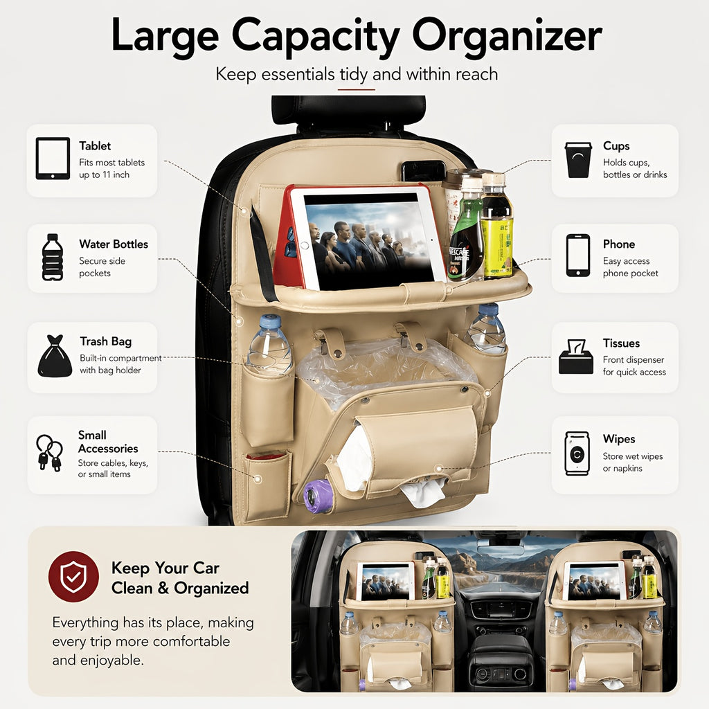 QIANKUNBAG Car Back Seat Organizer with Foldable Tray Interior Tissue Holder, Footrest Protector, And Multi-Pocket Hanging Storage Bag - Durable PU Fabric for Shopping & Essentials Car Seat Organizatio(Pink Black Grey Brown Beige)