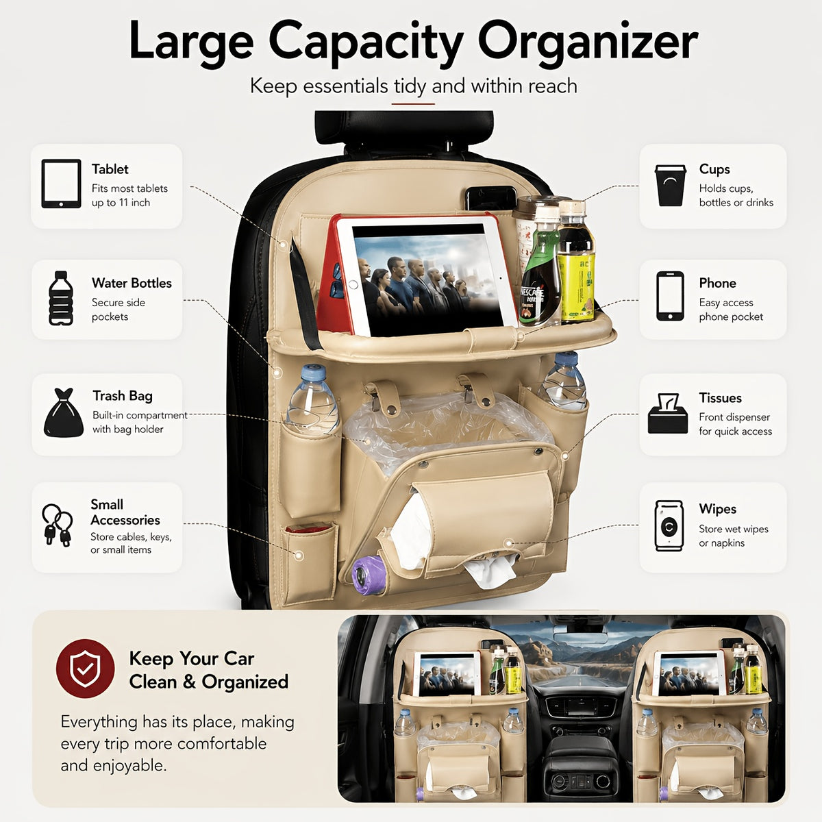 QIANKUNBAG Car Back Seat Organizer with Foldable Tray Interior Tissue Holder, Footrest Protector, And Multi-Pocket Hanging Storage Bag - Durable PU Fabric for Shopping & Essentials Car Seat Organizatio(Pink Black Grey Brown Beige)