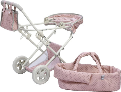 3-in-1 Baby Doll Stroller Set Pink Foldable Pram with Bassinet & Carry Bag for 14-24 Inch Dolls Swivel Wheels Adjustable Handle Nursery Role Play Gift for Girls Ages 3-12 (No Doll)