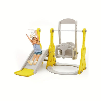4-in-1 Toddler Slide and Swing Set with Climber Basketball Hoop Outdoor Indoor Backyard Playground Playset for Kids Ages 1-6 Yellow