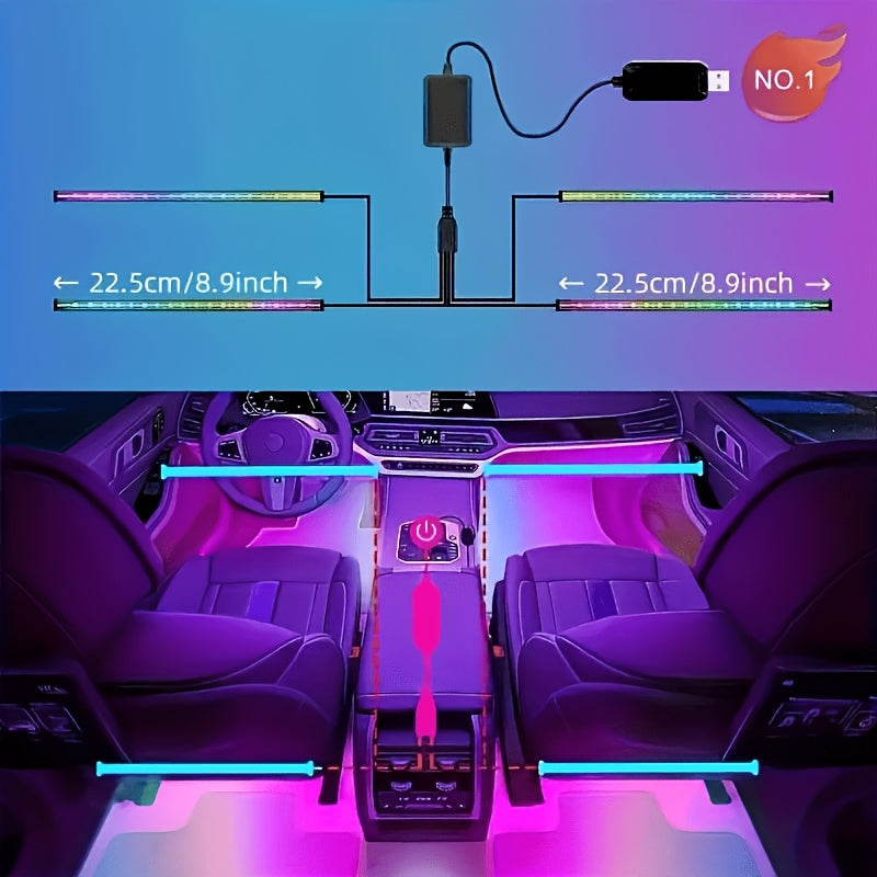 4pcs RGB LED Car Lights, 48 LEDs Interior Car Lights With Smart App Control, Multicolor Music Car Strip Light, Under Dash Lighting Kit For Car Truck SUV, Without Battery