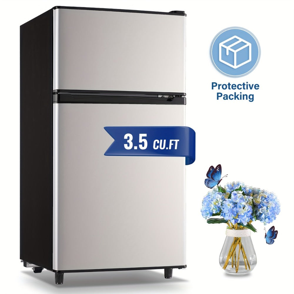Small Fridge with Freezer, 2-Door Compact Refrigerator with 7-Level Adjustable Thermostat, Removable Shelves & Basket – 2.5 or 3.5 Cu Ft Silver Mini Fridge for Dorm, Office, RV and Bedroom