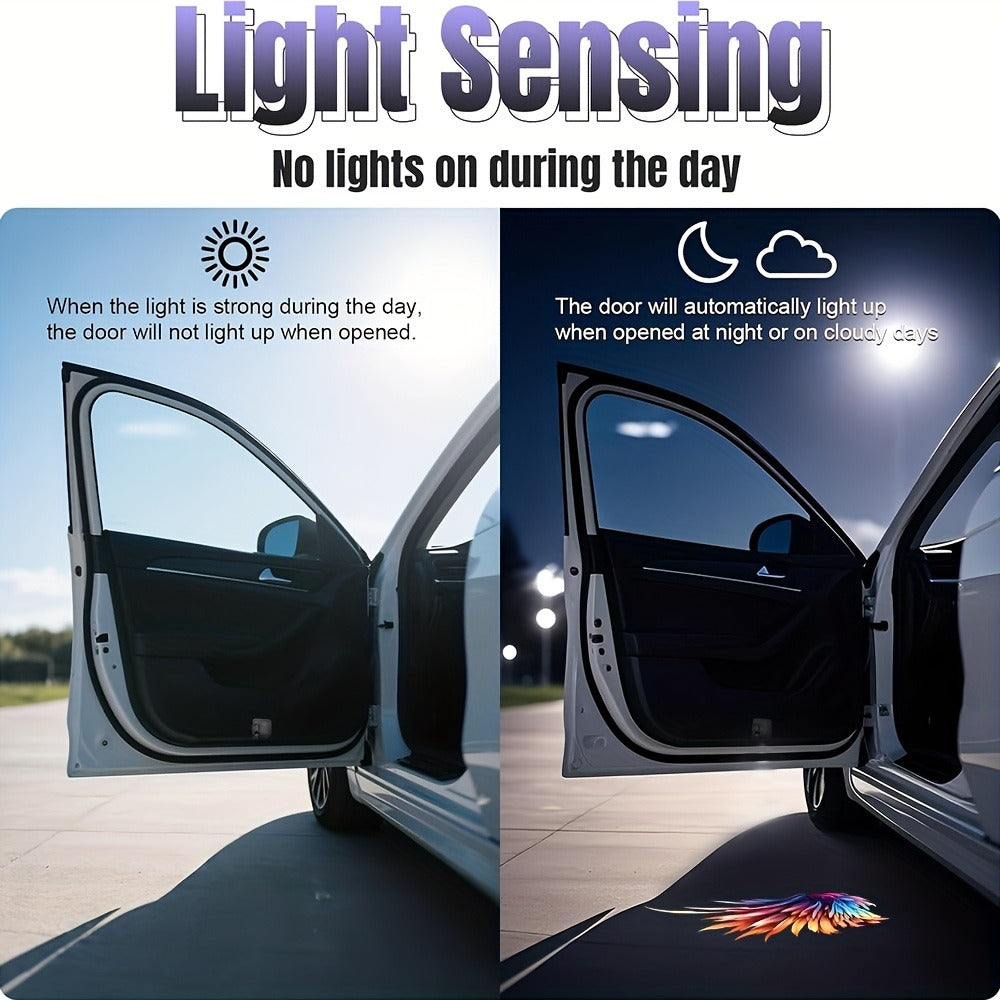 Angel Wings Car Door LED Projector Light 4 Pack - Colorful Welcome Courtesy Shadow Puddle Lights, Battery Powered Easy Install, Car Motorcycle Decorative Door Step Light