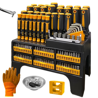 Magnetic Screwdriver Set 121-Piece – Chrome Vanadium Steel, Non-Slip Handle, Multi-Size Bits with Storage Rack, Magnetic Bowl, Gloves & Nail Puller – Complete DIY Tool Kit Gift for Men