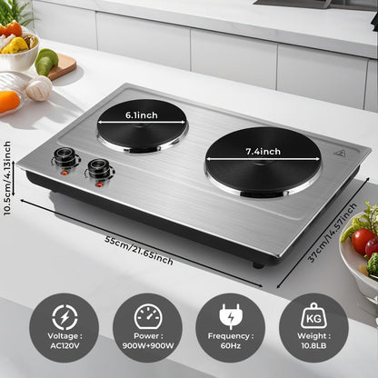 Hot Plate Electric Burner with Temperature Control – Dual Size Coil Burners 7.4in & 6.1in, Countertop Electric Stove for Daily Cooking, Dorm, Office & Travel, Multiple Colors Available