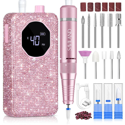 Electric Nail Drill 40000 RPM Rechargeable Professional Nail Drill Machine 4000mAh Battery LCD Display Ceramic Bits Sanding Bands for Acrylic Gel Nails Salon Home Use