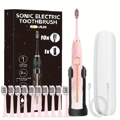 IPX8 Sonic Electric Toothbrush with 8 Replacement Brush Heads — Metal Shaft, USB Rechargeable 500mAh, Travel Case & Holder, Deep Plaque Removal for Adults Men & Women, 5 Colors