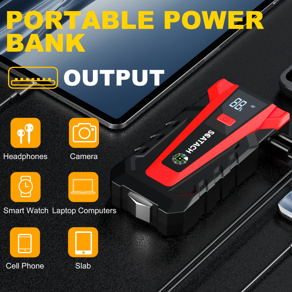 The Car Emergency Starter Power Supply Comes with A Digital Tire Pressure Gauge And Air Pump, A Window Breaker Hammer, And Is Suitable for 12V Cars, Trucks, SUV, Rvs, And Motorcycles. It Features A Multi-Functional Portable LED Display, SOS