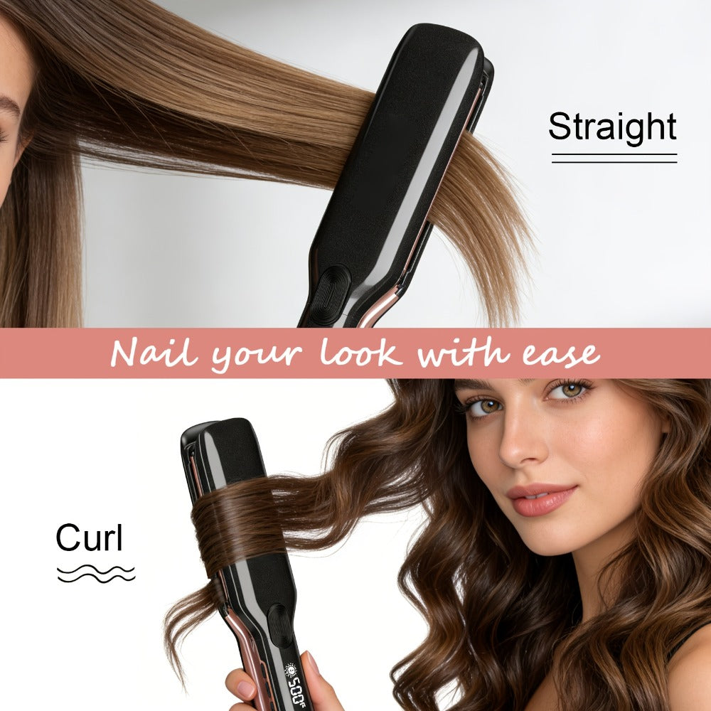 Ceramic Ionic Flat Iron Hair Straightener & Curler 2-in-1 Plasma Anti-Static 260°C 500°F LCD Display Dual Voltage 1 Inch & 2 Inch Salon Quality Black