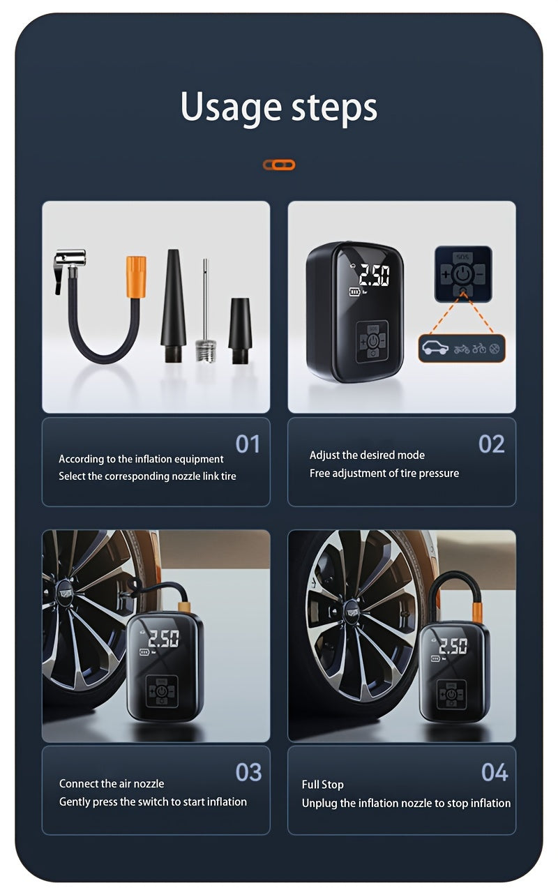 1pc Tire Inflator Portable Air Compressor, Fast Cordless Air Pump, Digital Display With Multi-function Nozzle Adapter And Long-lasting Lithium Battery For Car Motorcycle Bicycle Tire Ball, Auto Parts