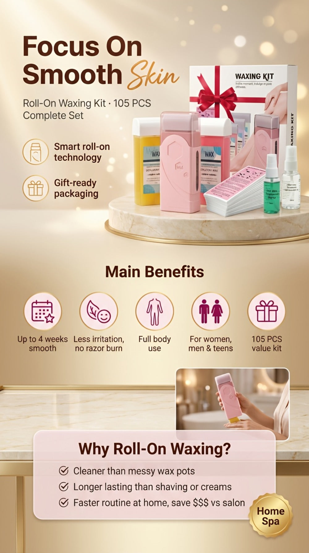Roll On Wax Kit 105 Piece Complete Home Waxing Set - 2 Roll On Wax Rollers, Wax Warmer, 100 Waxing Strips, Lavender Oil & Pre-Post Spray - Pro Hair Removal for Face Brazilian Bikini Full Body Sensitive Skin