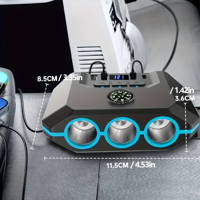 Car Lighter Splitter Charger Adapter 3 Socket Power Outlet 120W USB 12V/24V Car Socket Outlet Splitter with Voltage Monitor Independent Switch for