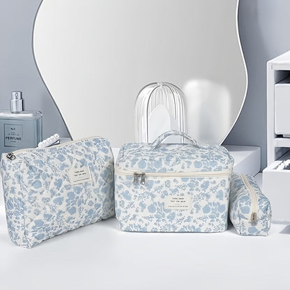 Quilted Makeup Bag Set 3 Pcs Floral Pattern Large Capacity Travel Cosmetic Organizer with Gold Zipper — Polyester Skincare Toiletry Pouch Blue Pink Peacock for Women