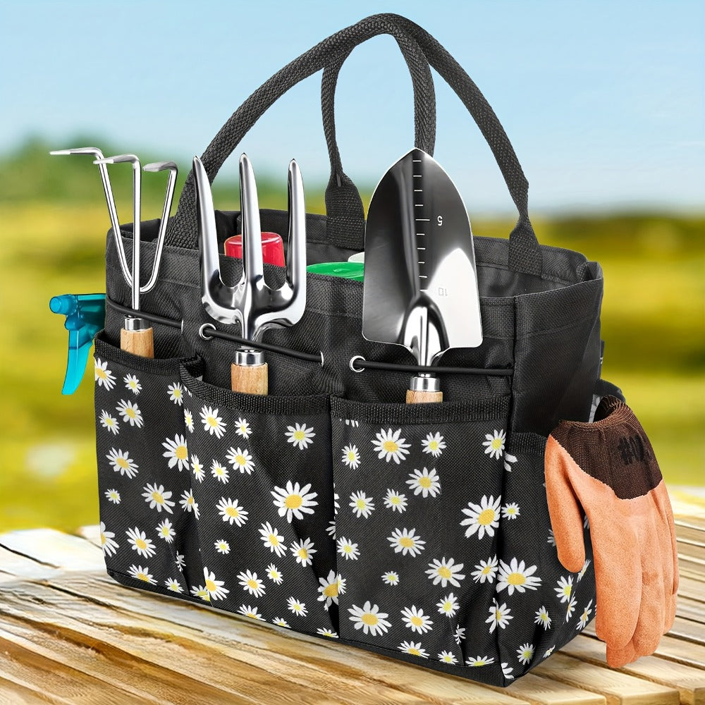 Garden Tool Bag Heavy Duty Multi-Pocket Organizer – Large Capacity Tool Storage Carrier Tote for Gardening, Lawn Care, Camping & Outdoor Work, Portable Daisy Pattern, Black & Gray (No Tools Included)