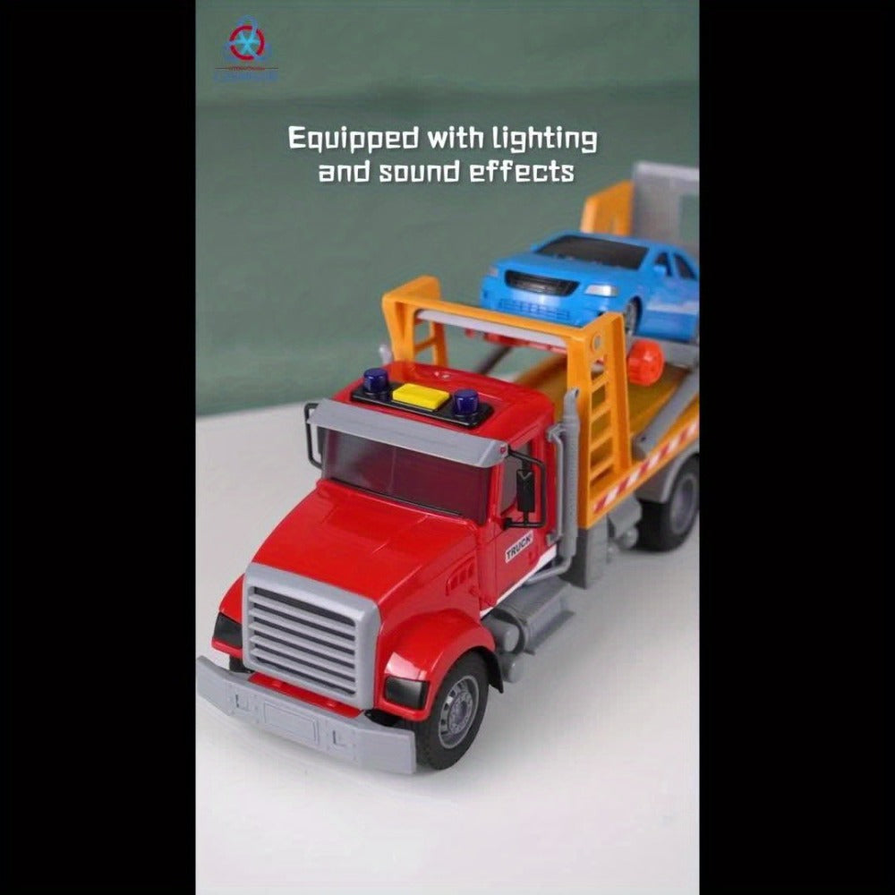 13-Inch Tow Truck Toy with Lights & Sounds – Friction Powered Transport Crane Truck for Boys Ages 3 4 5 6, Movable Arm & Towing Ramp, Birthday Christmas Gift