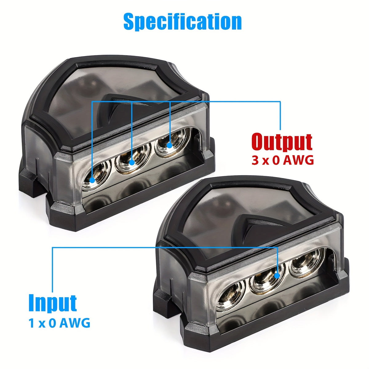 3 Ways Power Distribution Block, 1 X 0 Gauge Input to 3 X 0 Gauge Output Ground Distribution Connecting Block with Cover, Without Battery