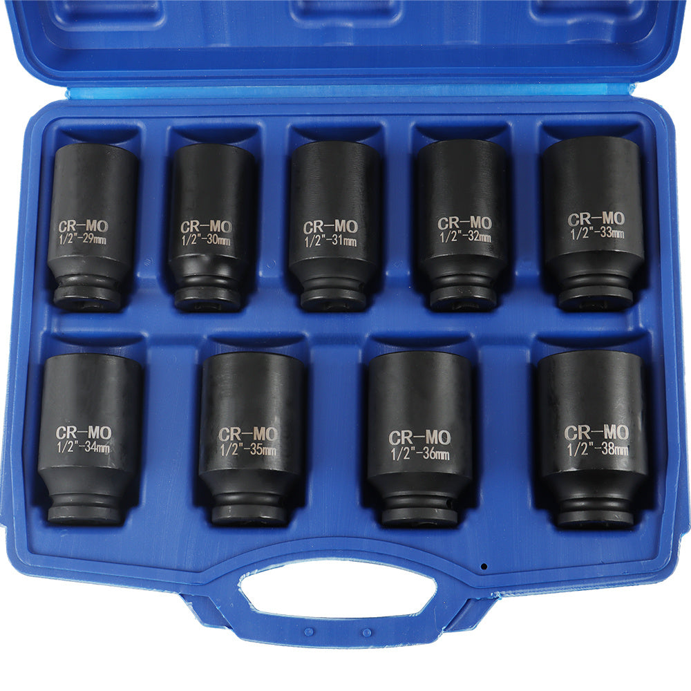 Set of 9 Deep Impact Sockets Ranging from 29 to 38 Mm, Designed for 1/2 Inch Drive Metric Axle Hub Nut Installation And Removal