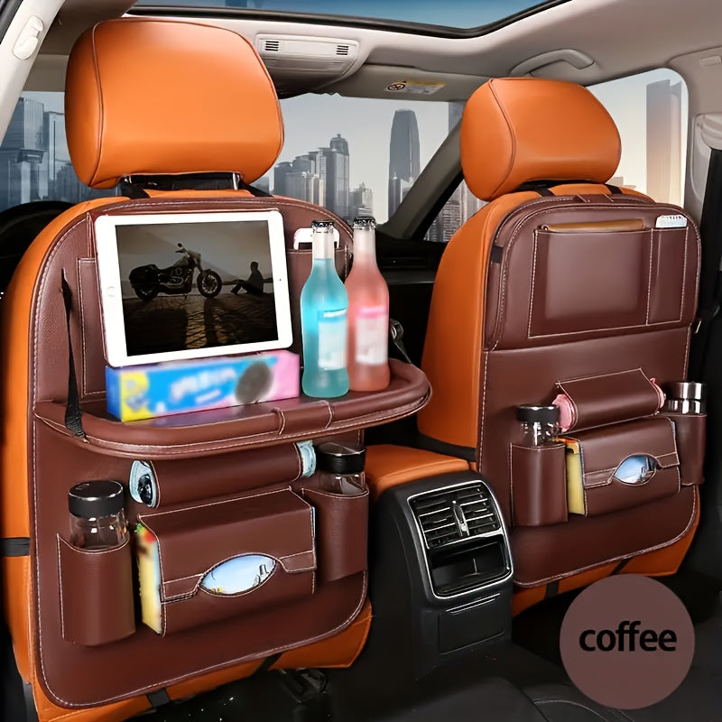 2pcs Upgrade Your Car Rides with This All-in-One Back Seat Organizer - Includes Foldable Table Tray, Kick Mats, Tissue Box, Cup Holder, Umbrella Holder, Laptop Table & Car Eating Tray