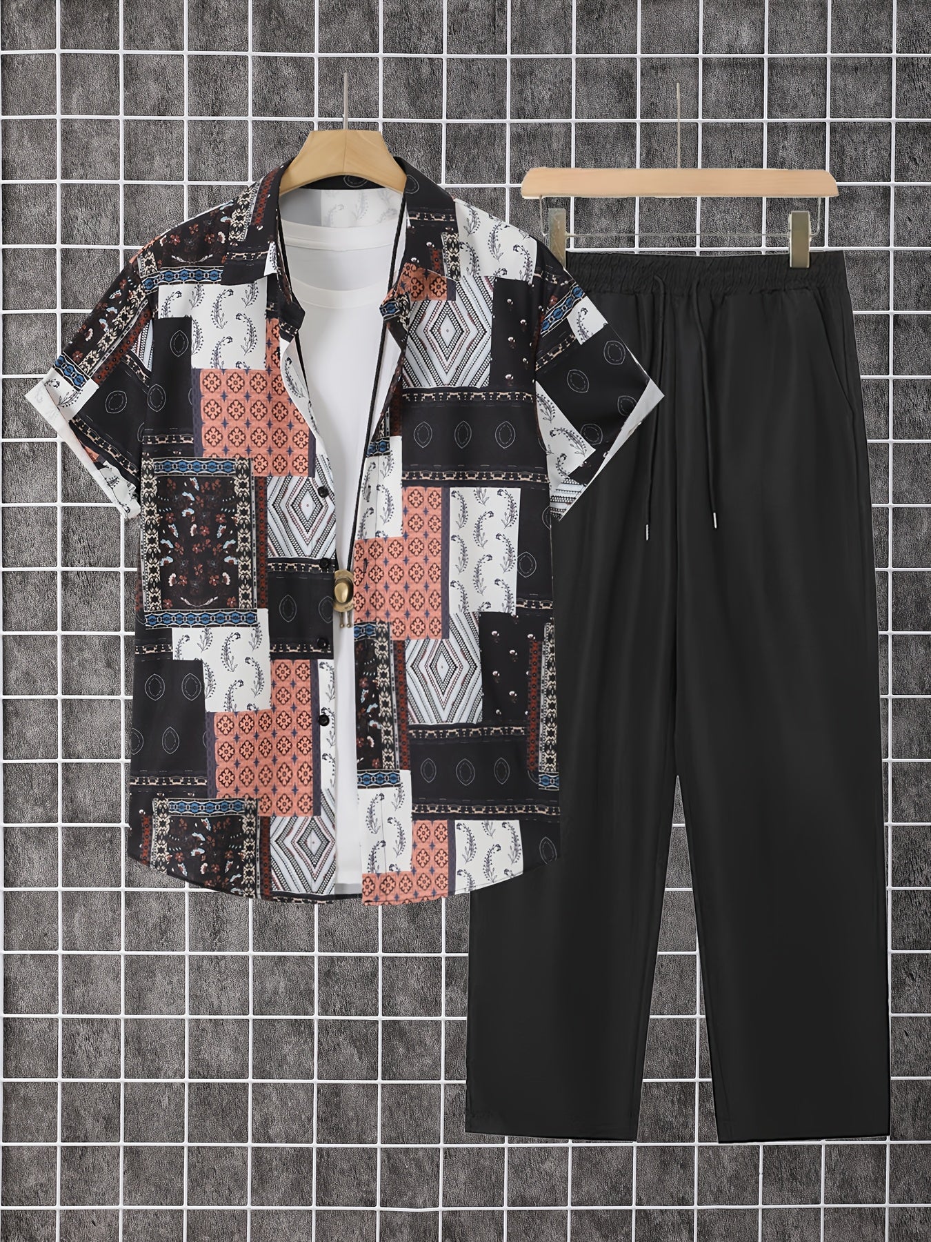 Men's Shirt and Pants Set - Geometric Print Summer Style