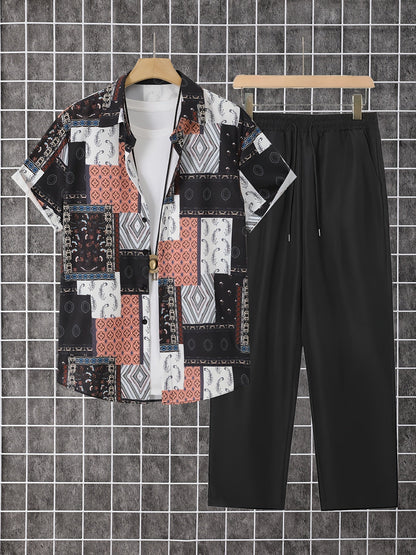 Men's Shirt and Pants Set - Geometric Print Summer Style