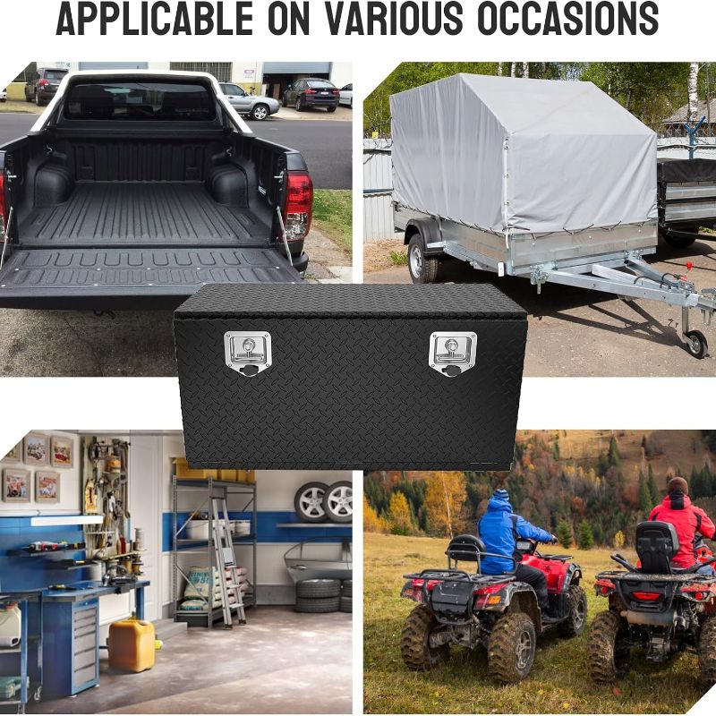 Aluminum truck toolbox with T-shaped handle lock and key, made of aluminum alloy, suitable for storage and organization of trailers, pickups, truck beds, four-wheel drive vehicles, all-terrain vehicles and campers. Black version.
