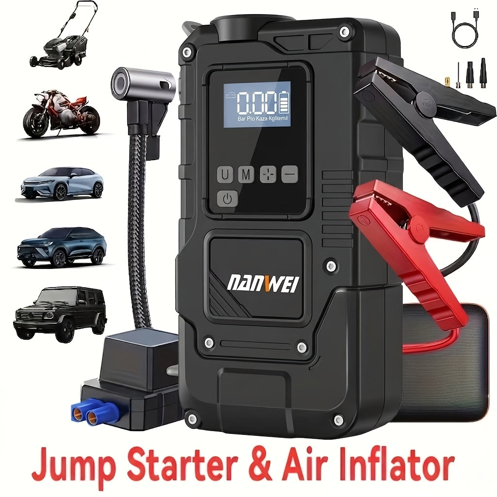 NANWEI Portable Emergency Jump Starter with Air Pump, Portable Peak Current Car Battery Jump Starter, Suitable for 12V (2.11gal Gasoline/1.72G Diesel) Cars, with USB Input/Output, LED Emergency Lighting, Car Additions Tools, And Wireless Car Air Pump